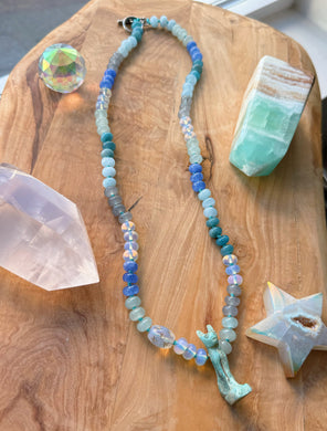 Goddess Bastet (Protection) - Necklace - 8mm Candy Jade + Opalite - Vintage Egyptian Faience Pendant