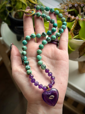 🧞Heart of Transformation - 18” Necklace - 8mm - African Turquoise + Amethyst Rondelle + Amethyst Heart Focal