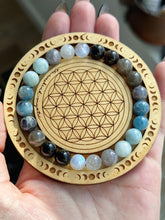 Load image into Gallery viewer, Ocean’s Depths - Aquamarine, Devil Blue Aquamarine, Grey Sunstone, Rainbow Moonstone, Silver Obsidian, Dark Blue &amp; Light Blue Iolite. Gemstone Bracelet