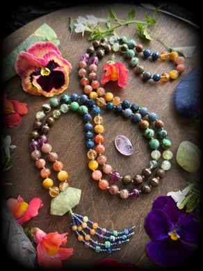 The Flames at Dusk Mala - 8mm Citrine, Tigers Eye, Sunstone, Moonstone, Bronzite, Fluorite, African Turquoise, Apatite, Dumortierite - 108 Mala Necklace - Prehnite Focal