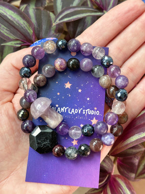 Cosmic Witch - SET of Two - Amethyst Mushroom + Black Tourmaline - 8mm Gemstone Stretch Bracelets