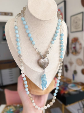 Remain Calm - Brown Sunstone Heart Focal + Aquamarine, Grey Moonstone, Faceted Agate - 108 Mala Necklace