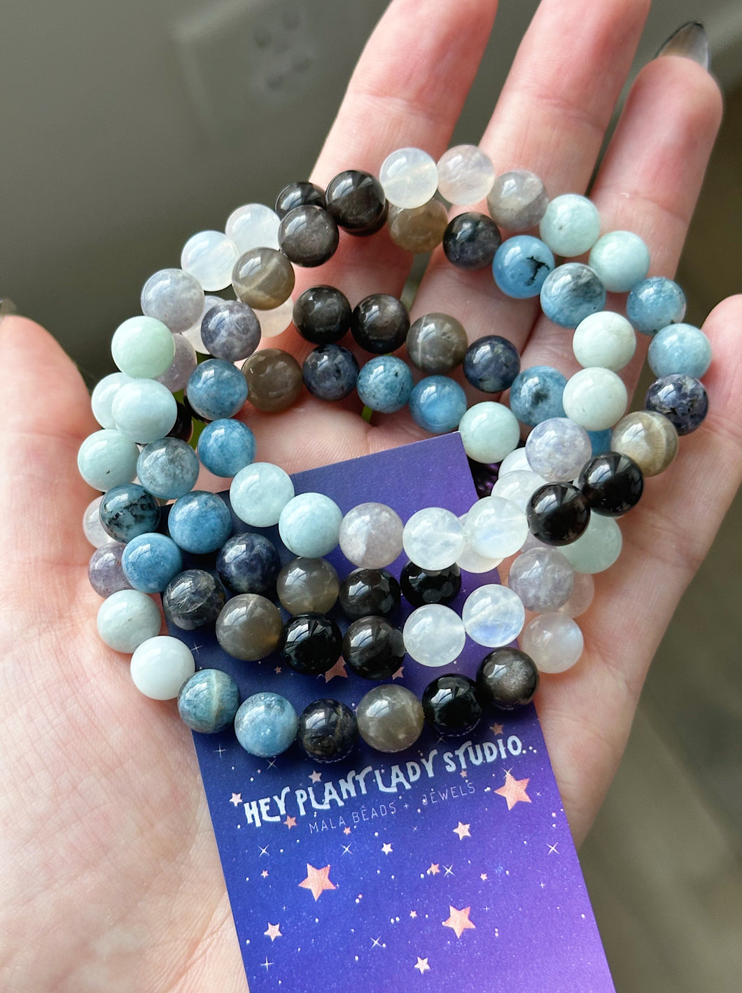 Ocean’s Depths - Aquamarine, Devil Blue Aquamarine, Grey Sunstone, Rainbow Moonstone, Silver Obsidian, Dark Blue & Light Blue Iolite. Gemstone Bracelet
