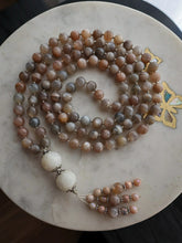 Load image into Gallery viewer, The Empress- 108 Mala Necklace - Grey Moonstone + Double Rainbow Moonstone Focal