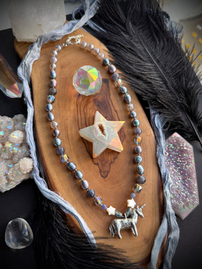 Head in the Clouds - 18” Necklace 8mm Peacock Pearls, Tanzanite, Iolite, Mystic Silverite, Mother of Pearl Stars, Czech Glass + Pewter Unicorn Focal