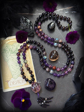 Hecate Mala - 8mm - Labradorite, Smoky Obsidian, Amethyst, Onyx, Lepidolite, Black Moonstone, Amethyst Cacoxenite - 108 Mala Necklace - Smoky Ametrine Focal