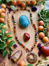 Load image into Gallery viewer, 🍁 Autumn Rhapsody - 20”Necklace - 8mm Apple Jasper, Carnelian, Apatite, Mystic Tigers Eye, Melon Agate, Green Garnet, Mystic Smoky Quartz, Gold Aura Quartz - 40mm Lampwork Glass Pendant