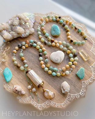 Peaceful Ocean Sunrise - 24k Gold Overlay Pearl Barrel + 24k Freshwater Pearl Charm - Golden Mother of Pearl + Amazonite + Clear Quartz - 108 Mala Bead Necklace