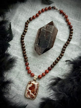 Load image into Gallery viewer, 📜 Ancient Ground - 17” Necklace - 8mm - Sesame Jasper + Bronzite Rondelle + Hessonite Garnet Tibetan Focal