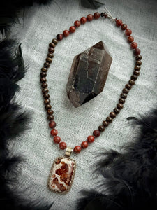 📜 Ancient Ground - 17” Necklace - 8mm - Sesame Jasper + Bronzite Rondelle + Hessonite Garnet Tibetan Focal
