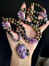 Load image into Gallery viewer, Blood + Ether - 8mm - Lilac Lepidolite, Onyx, Dragon Blood Jasper, Terahertz 108 Mala Necklace - Tibetan Lepidolite Skull