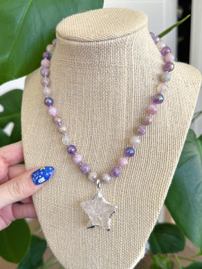 Dew Drop Fairy - 16” Necklace - 8mm Kunzite + Mystic Amethyst + Mystic Pink Healer + Mystic Lavender Amethyst - Quartz Star Pendant