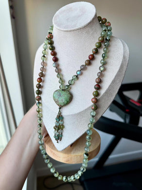 Reserved - Rejuvenating the Heart -  108 Mala Bead Necklace - Prehnite, Labradorite, Unakite, Creek Jasper, Green Opal Heart Focal - Beaded Tassel
