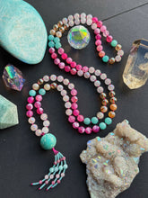 Load image into Gallery viewer, Flamingo Soirée - 8mm -Pink fire Agate, Amazonite, Aura Citrine, Champagne Aura Quartz, Aura Rose Quartz, - 108 Mala Necklace - Amazonite Focal