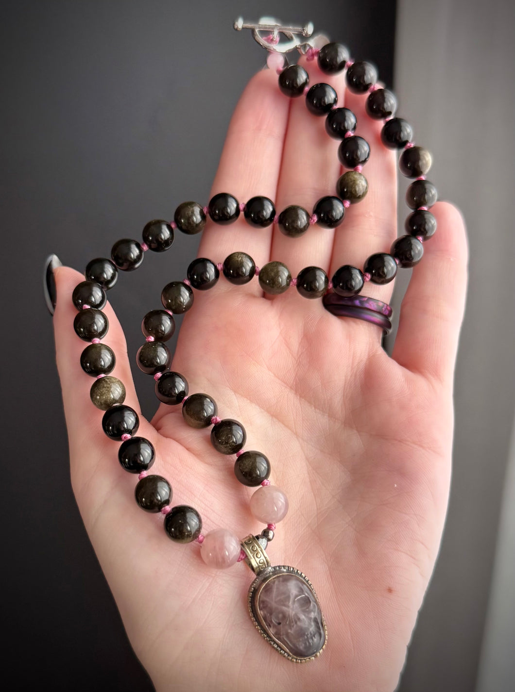 Grave Rose - 17” Necklace - 8mm Rose Quartz + Gold Sheen Obsidian + Rose Quartz Skull Focal