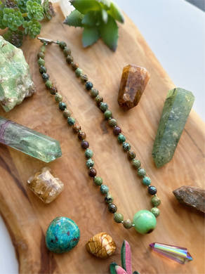 Under the Lily Pad - 17” Choker - 8mm Green Opal + Mystic Indian Agate + African Turquoise - Chrysoprase Pendant