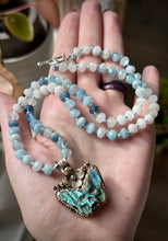 Load image into Gallery viewer, Aqua Mortalis - 20” Necklace - 6mm Aquamarine Rondelle + Labradorite Death Moth Focal