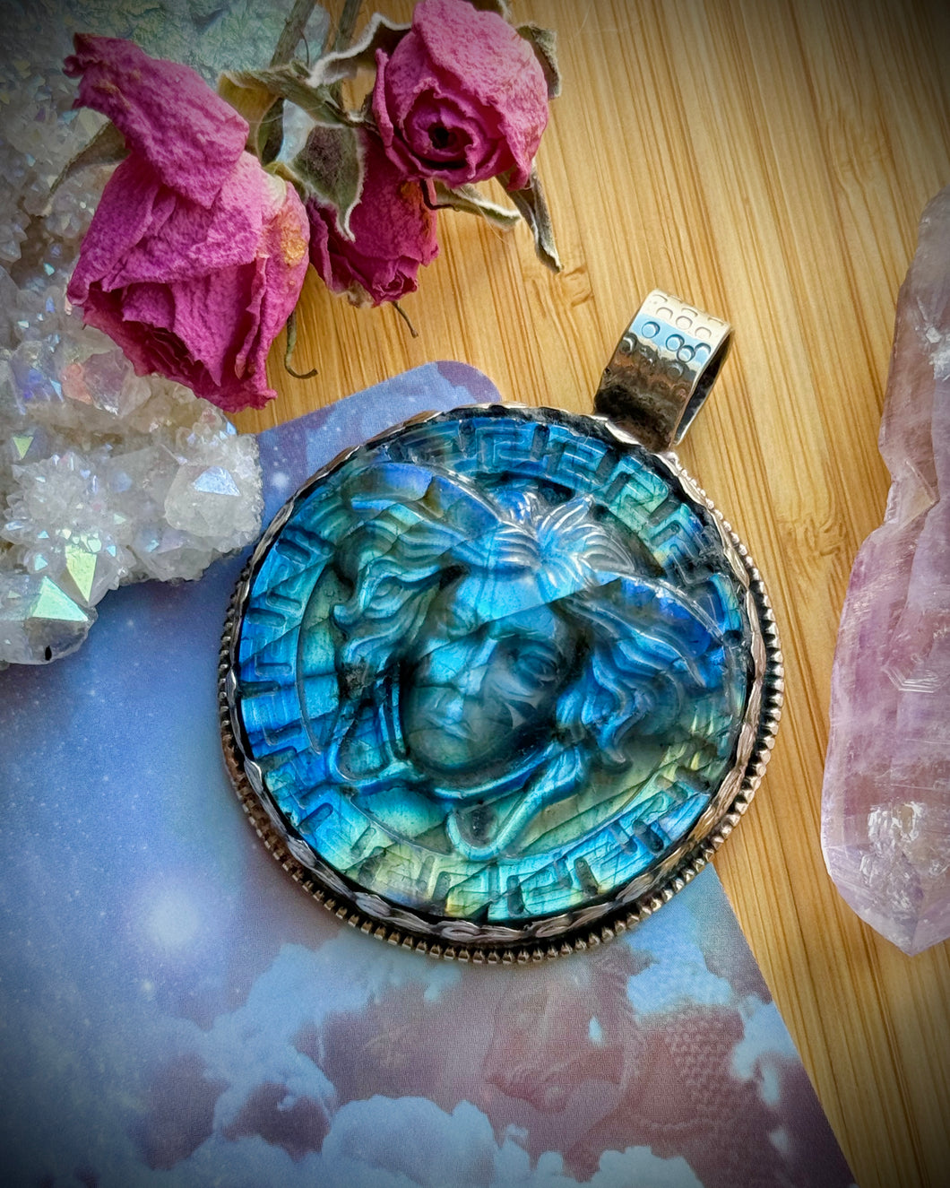 55mm Labradorite Medusa Carving - White Brass