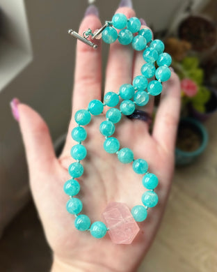 Bubblegum Beach - 16” Necklace - 10mm AAA Aqua Amazonite + Drilled Rose Quartz Pendant