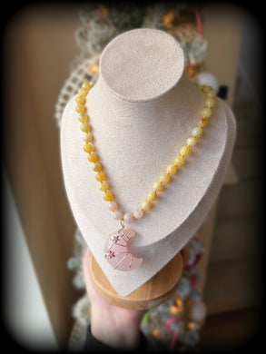 Radiance - 16” Choker - 8mm Yellow Opal + Rose Quartz - Rose Quartz Moon Pendant