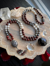 Load image into Gallery viewer, Yule Ember - 8mm Poppy Jasper, Moonstone, Terahertz, Silver Leaf Jasper - 108 Mala Necklace - CZ Focal - Garnet Tassel