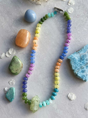 Clover - 16” Necklace - 8mm Candy Jade, Quartz, Jasper Rondelle + Prehnite Pendant