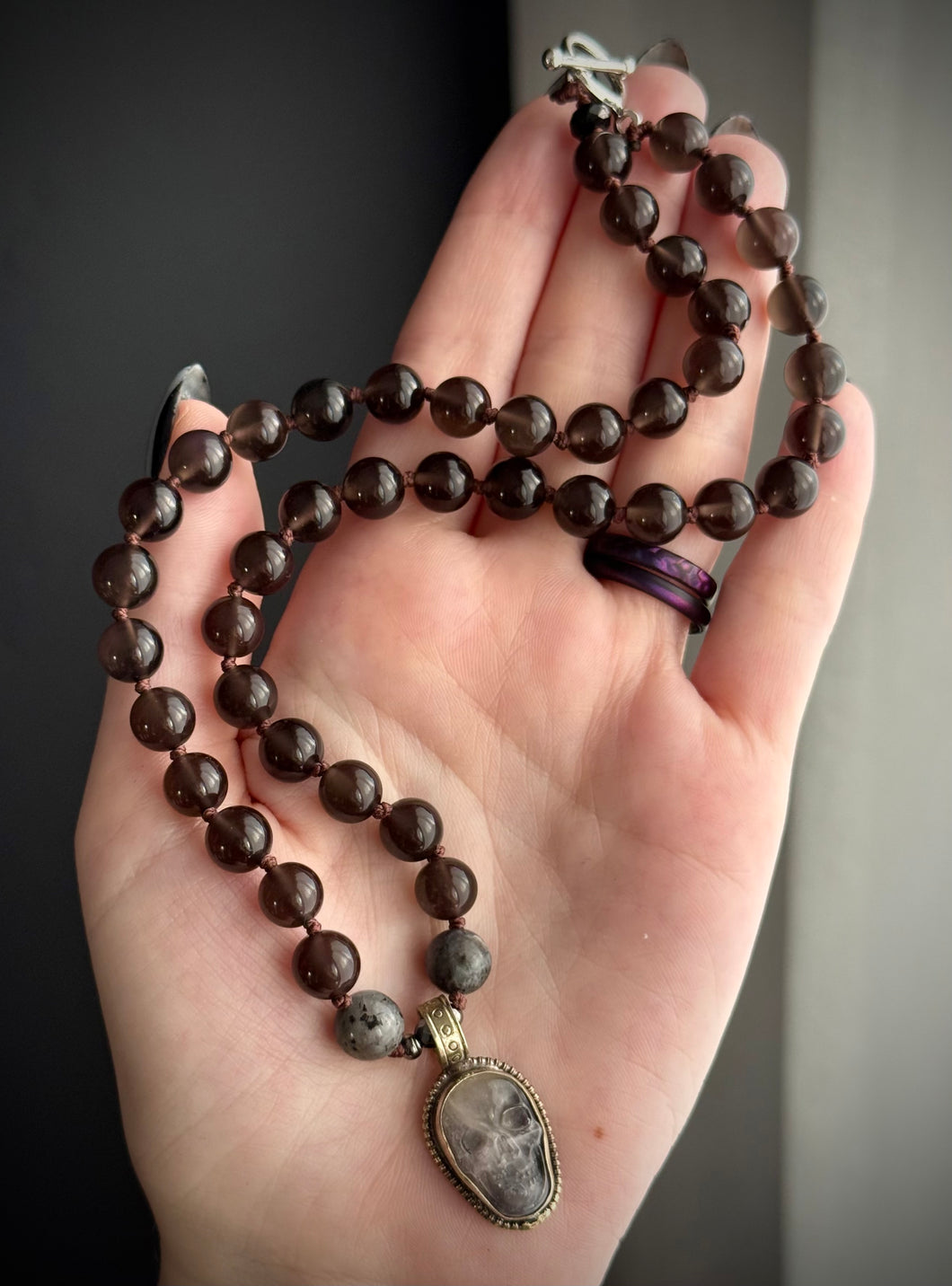 Ash & Bone - 17” Necklace - 8mm Larvikite + Smoky Obsidian + Quartz Skull Focal