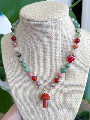 Strawberry Fields - 16” Choker - 8mm Mystic Green Aventurine + Red Carnelian, Pink Opal+ Prehnite + Mystic Pink/Golden Healer + Lampwork Glass Strawberry - Red Jasper Mushroom Pendant