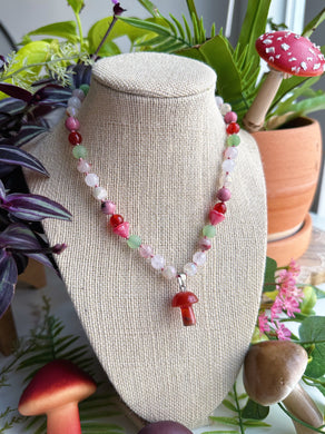 Strawberry Shortcake Choker 16” - Rose Quartz + Green Aventurine + Rhodonite + Carnelian + Mystic Golden Healer -Carnelian Mushroom Pendant