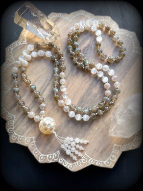 Peaceful Spirit - 8mm Labradorite, Mystic Moonstone, Selenite - Mother of Pearl Focal - 108 Mala Bead Necklace