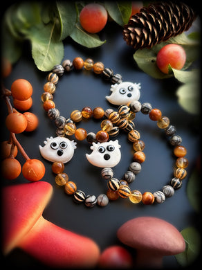 Ghost Host Bracelet - Lampwork Ghost - Spiderweb Jasper, Striped Tibetan Agate, Citrine, Orange Tigers Eye, 8mm Gemstone Bracelet