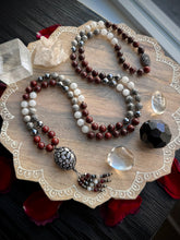Load image into Gallery viewer, Yule Ember - 8mm Poppy Jasper, Moonstone, Terahertz, Silver Leaf Jasper - 108 Mala Necklace - CZ Focal - Garnet Tassel