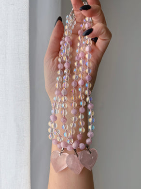 Heart of the Fae - 16” Choker  - 8mm - Aura Quartz + Kunzite - Rose Quartz Heart Focal