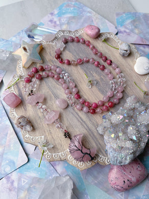 Falling Blossoms  - Rose Quartz + Rhodonite in Quartz + Quartz Star - Knotted Lariat Necklace
