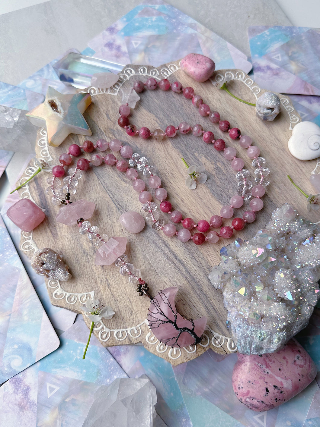 Falling Blossoms  - Rose Quartz + Rhodonite in Quartz + Quartz Star - Knotted Lariat Necklace