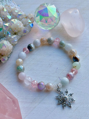 Sparkling Snow Bracelet - Mystic Aquamarine + Mystic Silverite + Mystic Moonstone + Mystic Agate + Rose Quartz + Snowflake Charm