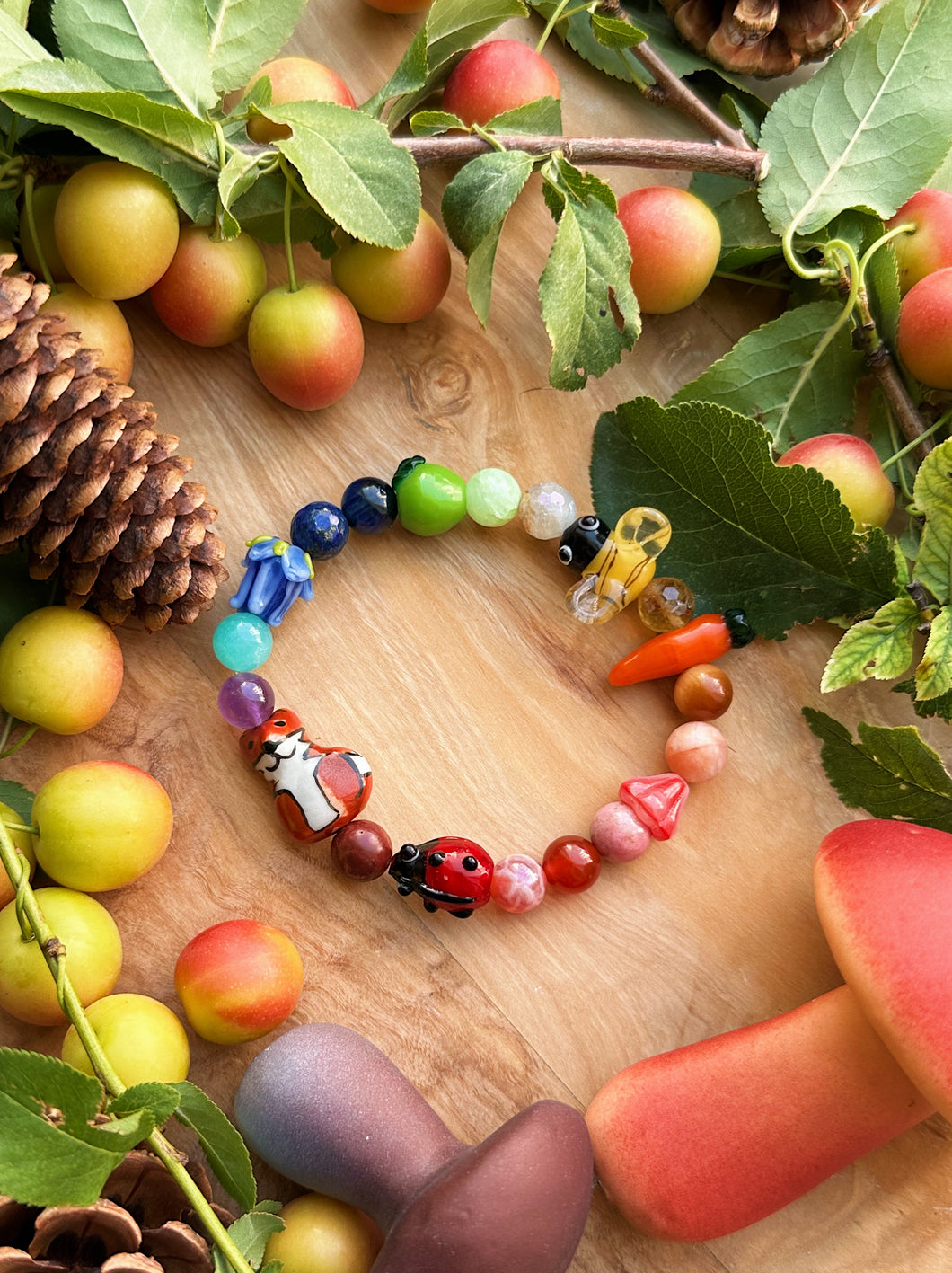 Circle of Life - Rainbow Gemstone Bracelet + Lampwork Critters