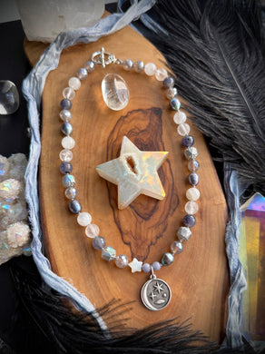 Celestine - 15” Choker - 8mm Peacock Pearls, Tanzanite, Iolite, Moonstone, Quartz, Mystic Silverite, Mother of Pearl Star + Celestial Focal