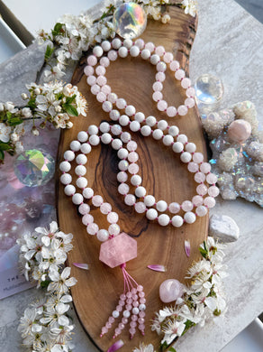 Gentle Blossoms - Moonstone, Rose Quartz 108 Mala 40” Necklace - Rose Quartz Focal