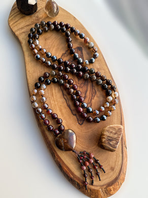 Sparkling with Passion - Garnet, Smoky Quartz, Mystic Brown Agate, Chrysoberyl - Opal Heart Focal - 108 Mala Bead Necklace