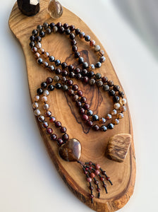 Sparkling with Passion - Garnet, Smoky Quartz, Mystic Brown Agate, Chrysoberyl - Opal Heart Focal - 108 Mala Bead Necklace