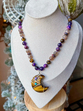 Lunar Glow - 16” Choker - Chocolate Moonstone + Amethyst + Purple Jasper + Tigers Eye - Tigers Eye Moon Pendant