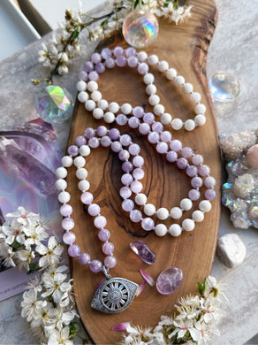 Divine Visions - Moonstone, Lavender Amethyst, Lavender Selenite - 108 Mala 40” Necklace - Silver Third Eye Focal