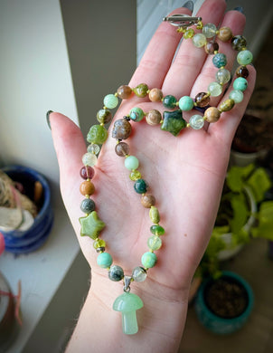 Ghostly Mist - 19” Necklace - Indian Agate Skulls, Green Jade Stars, Green Aventurine Mushroom