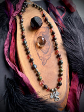 Load image into Gallery viewer, Ember Dragon - 21” Necklace 8mm Garnet, Dragons blood Jasper, Pyrite, Czech Glass + 925 Sterling Dragon Focal