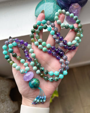 Finding the flow - 108 Gemstone Meditation Beads - Amethyst + Chrysocolla Focal