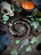 Load image into Gallery viewer, Hedge Ward- Witch’s Ladder, Altar Beads - Onyx, Prehnite, Green Apatite, Quartz, Hematite - Celtic Knot, Triquetra, Fern
