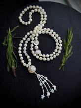 Load image into Gallery viewer, Selene Meditation Beads - 108 Necklace - 8mm Mother of Pearl + Mother of Pearl Moons - Mother of Pearl Focal