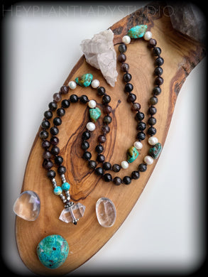 Be Love Be Light - Turquoise, Freshwater Pearls, Chrysoberyl & Thai Silver - Quartz Pendant - Knotted Necklace