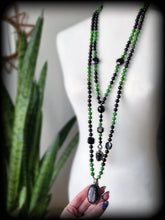 Load image into Gallery viewer, Poison Apple - Jade Albite + Gold Sheen Obsidian 108 Mala Bead Necklace - Hypersthene Pendant + Tourmaline Accents